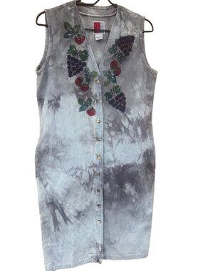 Sun Belt Denim Dress Medium Tie-Dye Button-Front Sleeveless hand painted Fruit